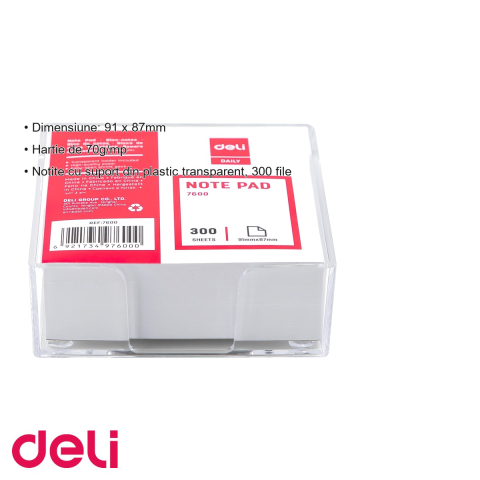 Rezerva cub notes Deli, 300 file cu suport plastic transparent, 91x87mm, hartie 70g/mp [2]