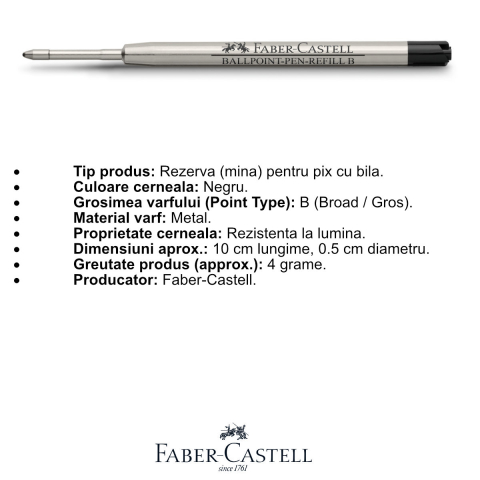 Rezerva Neagra pentru Pix Faber-Castell, Varf Metalic B, Capacitate Mare, Pentru Semnaturi si Evidentiere [1]