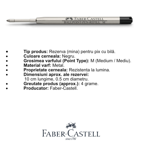 Rezerva pentru Pix Faber-Castell, Varf Metalic M, Negru, Capacitate Mare, Pentru Scris Professional [1]