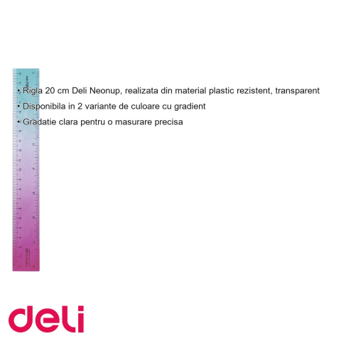 Rigla 20 cm Deli Neonup, plastic transparent cu gradient, pentru scoala si birou [2]