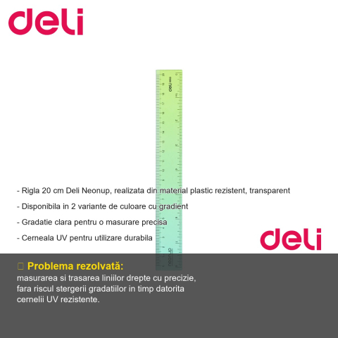 Rigla 20 cm Deli Neonup, plastic transparent cu gradient, pentru scoala si birou [1]