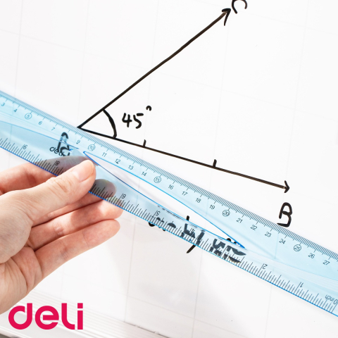 Rigla Deli 30 cm, plastic albastru transparent, gradatii cm si inch, usor de ridicat de pe birou [4]