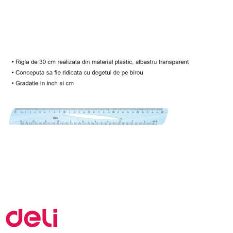 Rigla Deli 30 cm, plastic albastru transparent, gradatii cm si inch, usor de ridicat de pe birou [2]