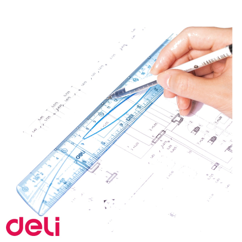 Rigla Deli 30 cm, plastic albastru transparent, gradatii cm si inch, usor de ridicat de pe birou [3]
