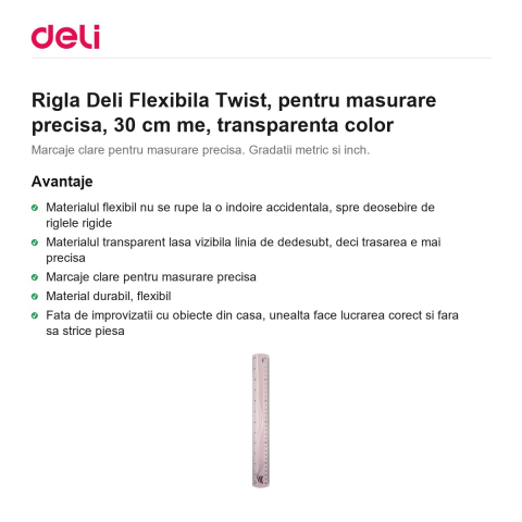 Rigla Deli Flexibila Twist, pentru masurare precisa, 30 cm me, transparenta color [1]