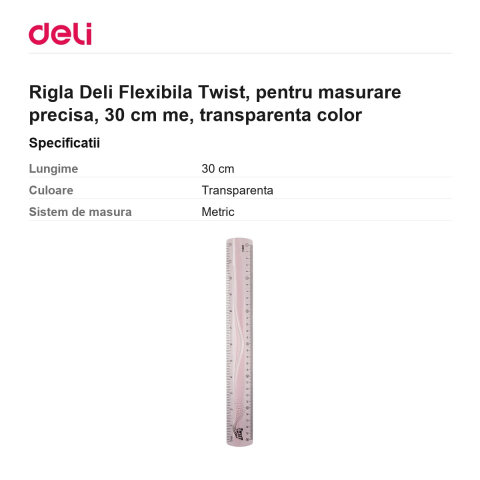 Rigla Deli Flexibila Twist, pentru masurare precisa, 30 cm me, transparenta color [2]