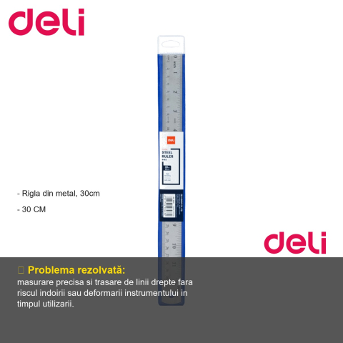 Rigla din metal Deli, 30 cm, rezistenta si precisa, pentru scoala si birou [1]