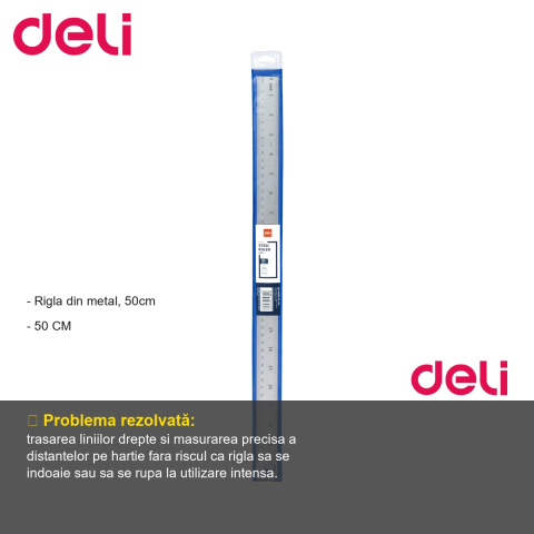 Rigla din metal Deli, 50 cm, rezistenta si precisa, pentru scoala si birou [1]