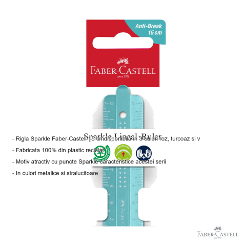 Rigla Faber-Castell Sparkle 15 cm, plastic reciclat, culori metalice stralucitoare, pentru scoala [1]