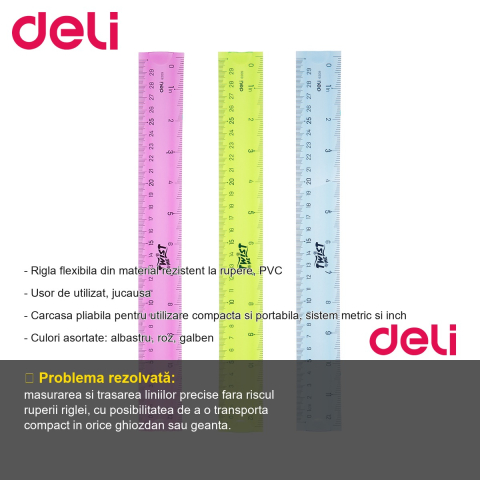 Rigla flexibila 30 cm Deli, PVC rezistent, sistem metric si inch, pentru scoala si birou [1]