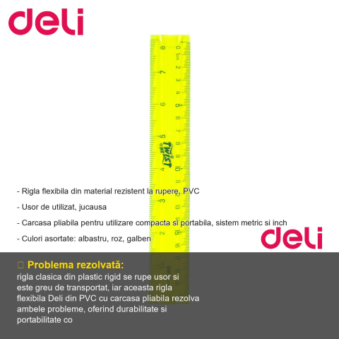 Rigla flexibila Deli 20 cm, material PVC rezistent, cu carcasa pliabila, sistem metric si inch, pentru scoala [1]