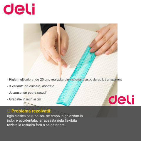 Rigla flexibila Deli, 20 cm, multicolora, plastic transparent, pentru scoala [1]