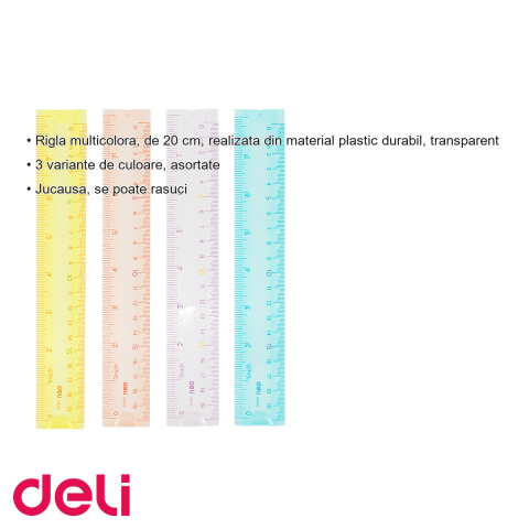 Rigla flexibila Deli, 20 cm, multicolora, plastic transparent, pentru scoala [2]