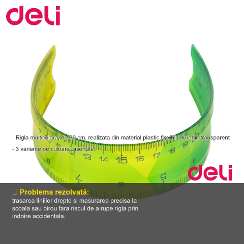 Rigla flexibila Deli, 30 cm, plastic transparent multicolor, pentru scoala si birou [1]