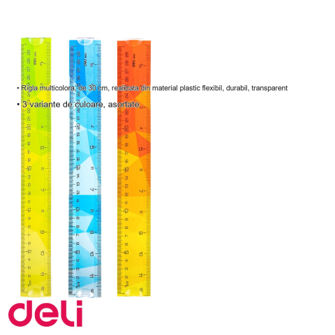 Rigla flexibila Deli, 30 cm, plastic transparent multicolor, pentru scoala si birou [2]