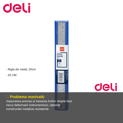 Rigla metalica Deli 20 cm, rezistenta si precisa, pentru scoala si birou [1]