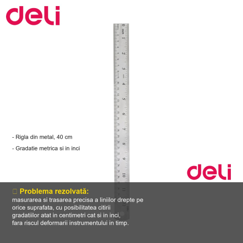 Rigla metalica Deli 40 cm, gradatie metrica si in inci, pentru desen tehnic si uz scolar [1]