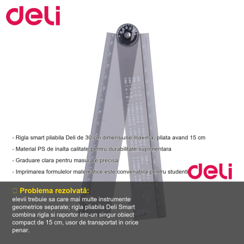 Rigla pliabila Deli Smart 30 cm, cu raportor integrat si formule matematice imprimate, pentru elevi [1]