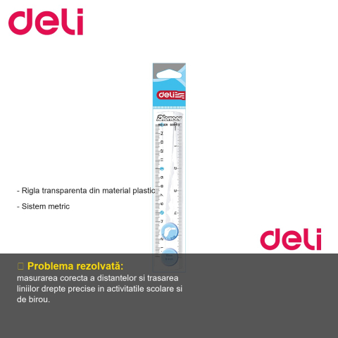 Rigla transparenta Deli 15 cm, plastic, sistem metric, pentru scoala si birou [1]
