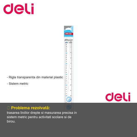 Rigla transparenta Deli, 30 cm, plastic, sistem metric, pentru scoala si birou [1]