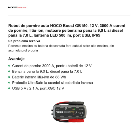 Robot de pornire auto NOCO Boost GB150, 12 V, 3000 A curent de pornire, litiu-ion, motoare pe benzina pana la 9,0 L si diesel pana la 7,0 L, lanterna LED 500 lm, port USB, IP65 [1]