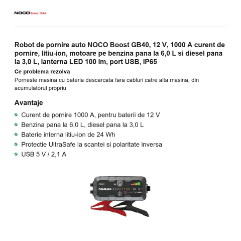 Robot de pornire auto NOCO Boost GB40, 12 V, 1000 A curent de pornire, litiu-ion, motoare pe benzina pana la 6,0 L si diesel pana la 3,0 L, lanterna LED 100 lm, port USB, IP65 [1]