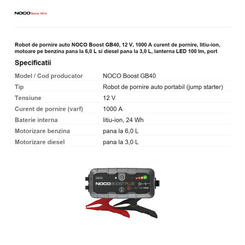 Robot de pornire auto NOCO Boost GB40, 12 V, 1000 A curent de pornire, litiu-ion, motoare pe benzina pana la 6,0 L si diesel pana la 3,0 L, lanterna LED 100 lm, port USB, IP65 [2]