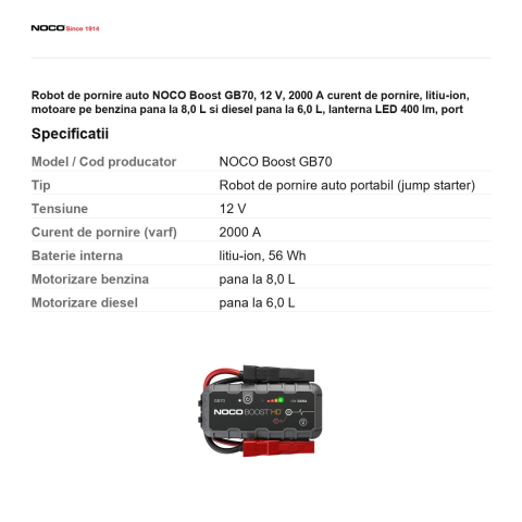 Robot de pornire auto NOCO Boost GB70, 12 V, 2000 A curent de pornire, litiu-ion, motoare pe benzina pana la 8,0 L si diesel pana la 6,0 L, lanterna LED 400 lm, port USB, IP65 [2]