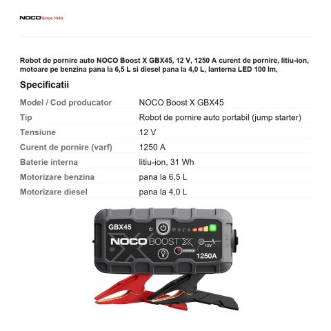 Robot de pornire auto NOCO Boost X GBX45, 12 V, 1250 A curent de pornire, litiu-ion, motoare pe benzina pana la 6,5 L si diesel pana la 4,0 L, lanterna LED 100 lm, powerbank USB-C, IP65 [2]