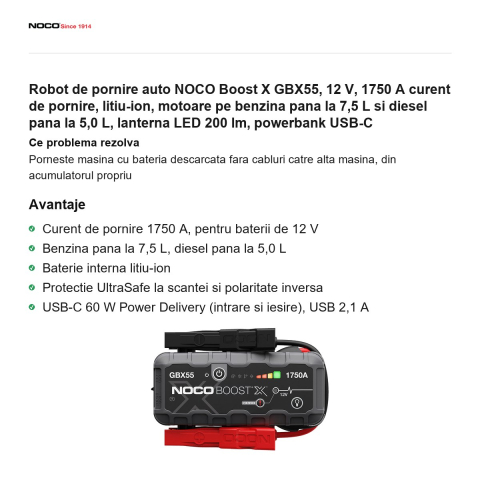Robot de pornire auto NOCO Boost X GBX55, 12 V, 1750 A curent de pornire, litiu-ion, motoare pe benzina pana la 7,5 L si diesel pana la 5,0 L, lanterna LED 200 lm, powerbank USB-C [1]