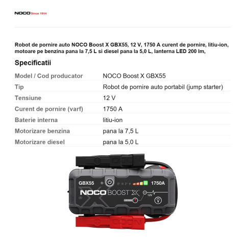 Robot de pornire auto NOCO Boost X GBX55, 12 V, 1750 A curent de pornire, litiu-ion, motoare pe benzina pana la 7,5 L si diesel pana la 5,0 L, lanterna LED 200 lm, powerbank USB-C [2]