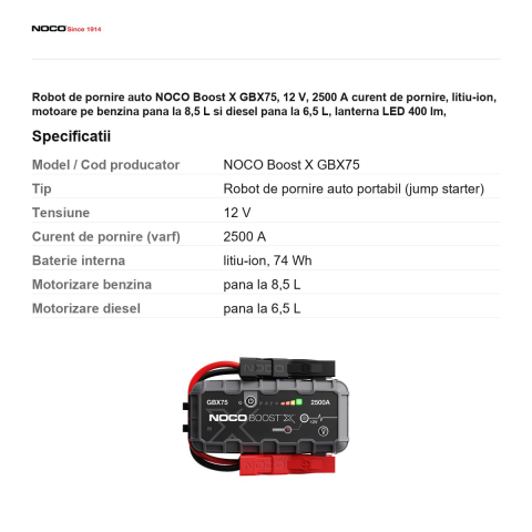 Robot de pornire auto NOCO Boost X GBX75, 12 V, 2500 A curent de pornire, litiu-ion, motoare pe benzina pana la 8,5 L si diesel pana la 6,5 L, lanterna LED 400 lm, powerbank USB-C, IP65 [2]