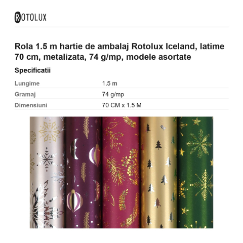 Rola 1.5 m hartie de ambalaj Rotolux Iceland, latime 70 cm, metalizata, 74 g/mp, modele asortate [2]