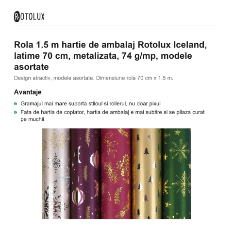 Rola 1.5 m hartie de ambalaj Rotolux Iceland, latime 70 cm, metalizata, 74 g/mp, modele asortate [1]