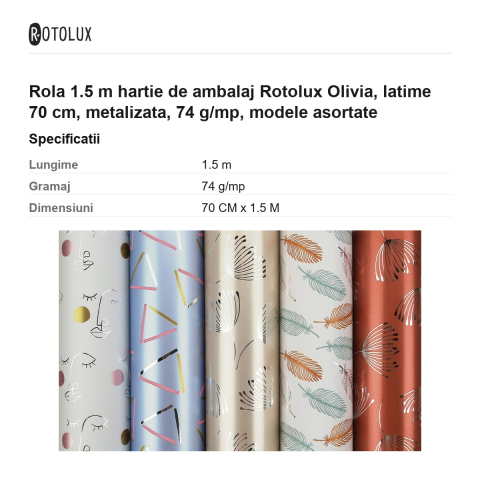 Rola 1.5 m hartie de ambalaj Rotolux Olivia, latime 70 cm, metalizata, 74 g/mp, modele asortate [2]