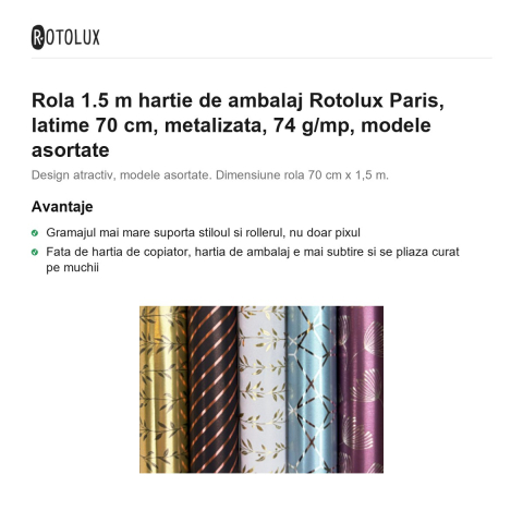 Rola 1.5 m hartie de ambalaj Rotolux Paris, latime 70 cm, metalizata, 74 g/mp, modele asortate [1]