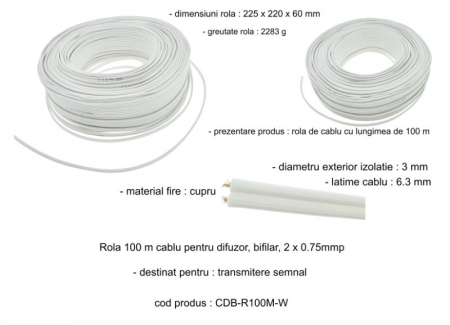 Rola 100 m cablu pentru difuzor, bifilar, 2 x 0.75mmp, alb [3]