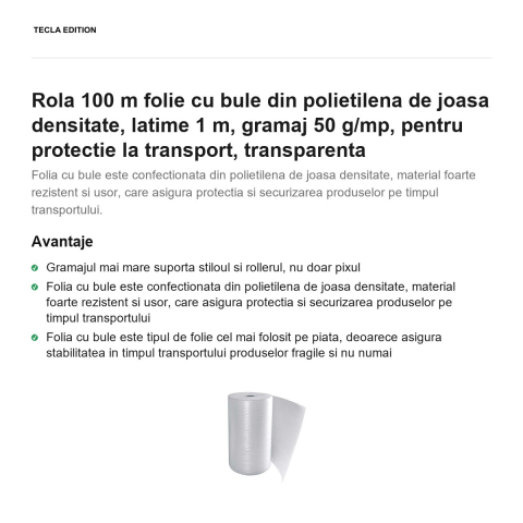 Rola 100 m folie cu bule din polietilena de joasa densitate, latime 1 m, gramaj 50 g/mp, pentru protectie la transport, transparenta [1]