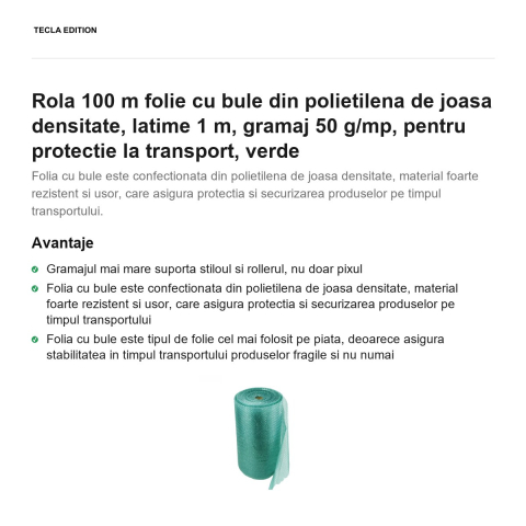 Rola 100 m folie cu bule din polietilena de joasa densitate, latime 1 m, gramaj 50 g/mp, pentru protectie la transport, verde [1]