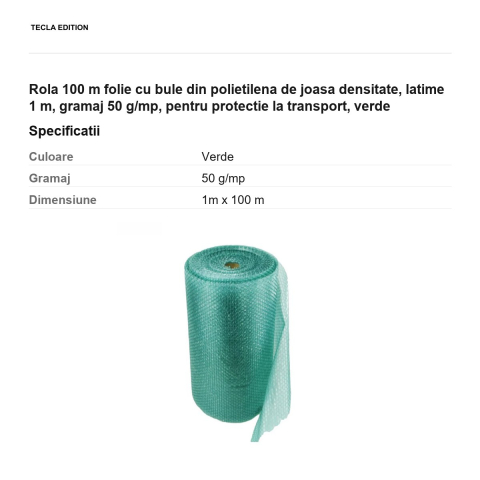 Rola 100 m folie cu bule din polietilena de joasa densitate, latime 1 m, gramaj 50 g/mp, pentru protectie la transport, verde [2]