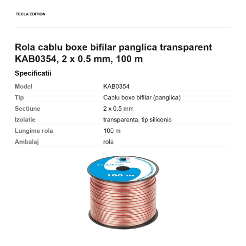Rola 100m cablu boxe bifilar panglica transparent KAB0354, 2 x 0.5 mm [2]
