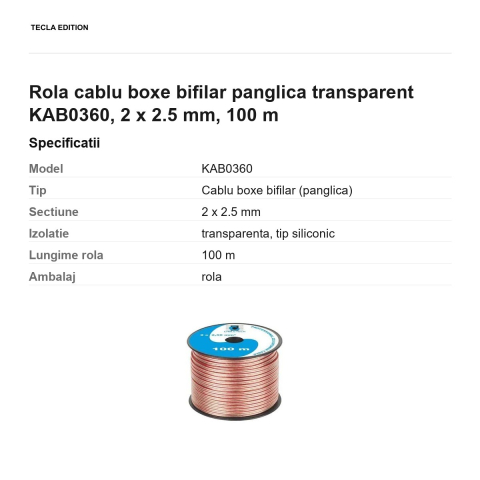Rola 100m cablu boxe bifilar panglica transparent KAB0360, 2 x 2.5 mm [2]