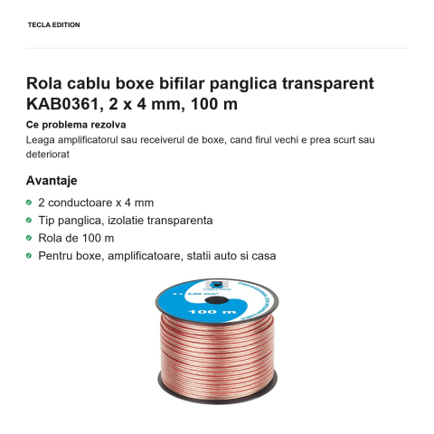 Rola 100m cablu boxe bifilar panglica transparent KAB0361, 2 x 4 mm [1]