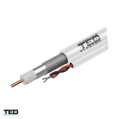 Cablu TV - Rola 100m cablu coaxial TED Electric RG6 TED002372, conductor CCS 1,02 mm, 2 fire de alimentare 2 x 0,75 mm CCA, tresa CCA, manta PVC