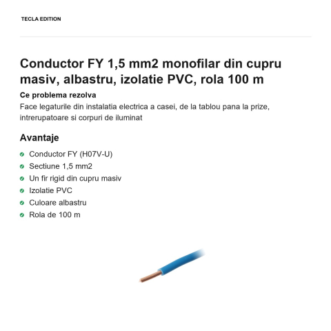 Rola 100m cablu conductor FY 1,5 mm2 monofilar din cupru masiv, albastru, izolatie PVC [1]