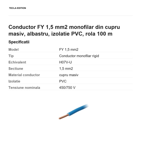 Rola 100m cablu conductor FY 1,5 mm2 monofilar din cupru masiv, albastru, izolatie PVC [2]