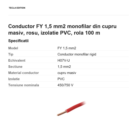 Rola 100m cablu conductor FY 1,5 mm2 monofilar din cupru masiv, rosu, izolatie PVC [2]