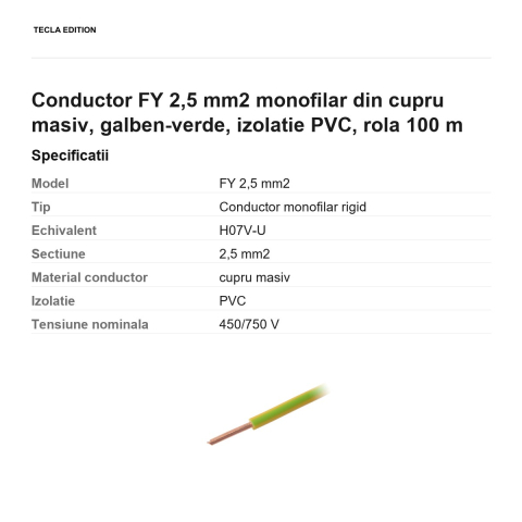 Rola 100m cablu conductor FY 2,5 mm2 monofilar din cupru masiv, galben-verde, izolatie PVC [2]