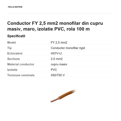 Rola 100m cablu conductor FY 2,5 mm2 monofilar din cupru masiv, maro, izolatie PVC [2]