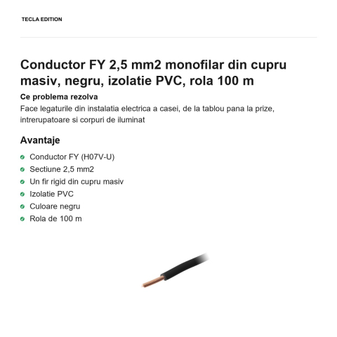Rola 100m cablu conductor FY 2,5 mm2 monofilar din cupru masiv, negru, izolatie PVC [1]